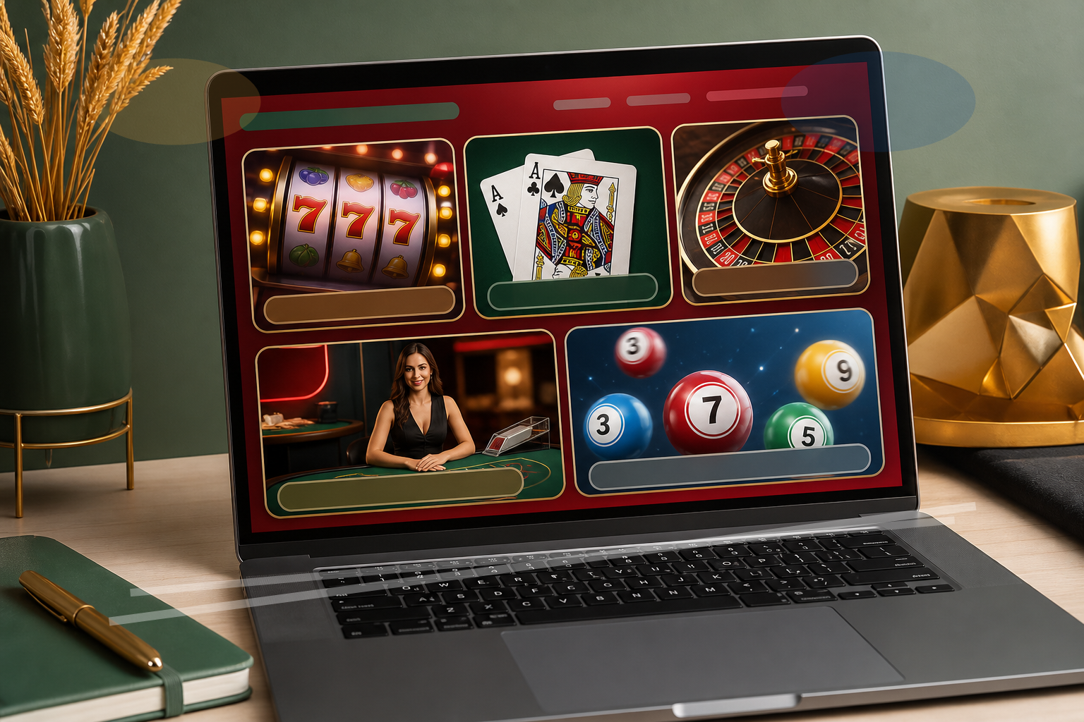 Generic casino lobby with slots, tables and live game cards